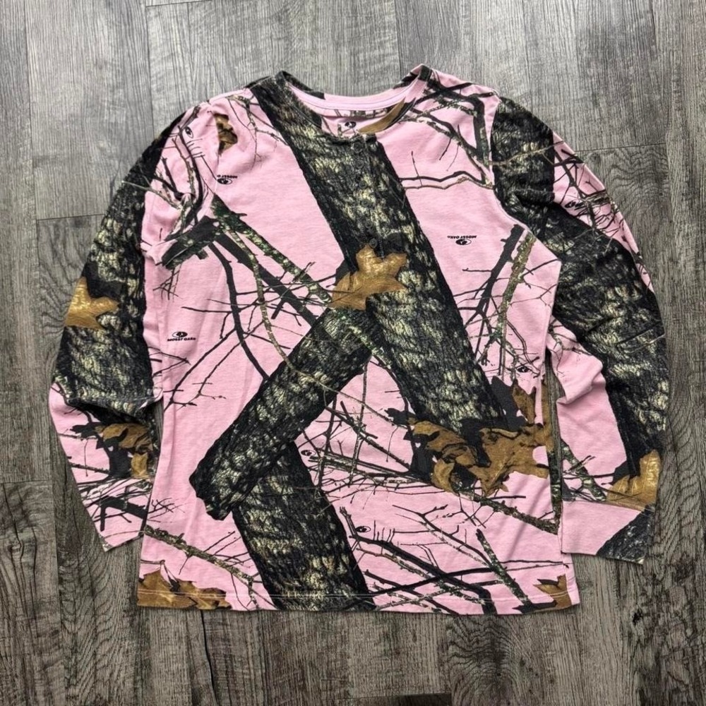 Mossy Oak Pink Camo Long Sleeve Henley Button Shirt Outdoors Hunting L*
